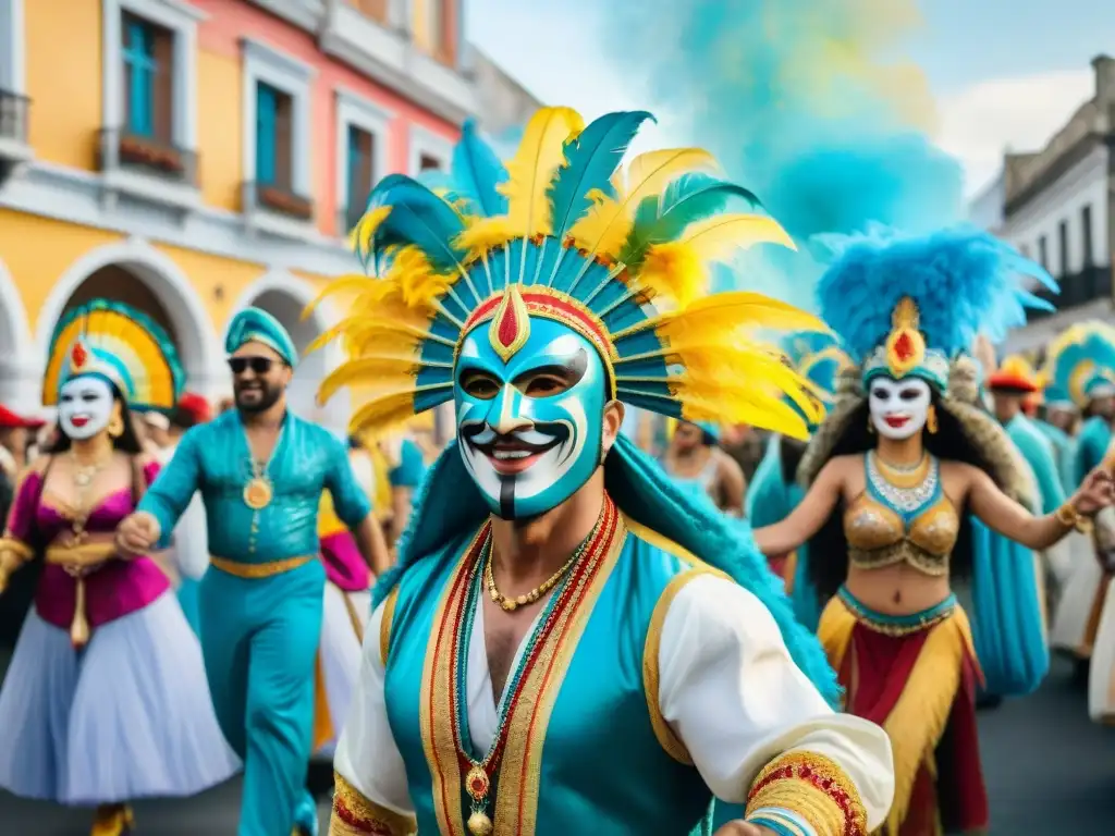 Desfile vibrante de Carnaval en Uruguay con trajes tradicionales coloridos y exuberantes