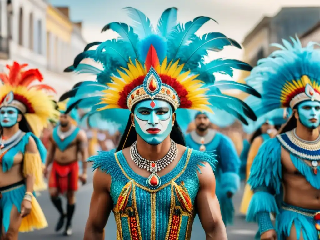 Un desfile vibrante de Carnaval en Uruguay con trajes diseñados que cuentan historias de tradición y creatividad