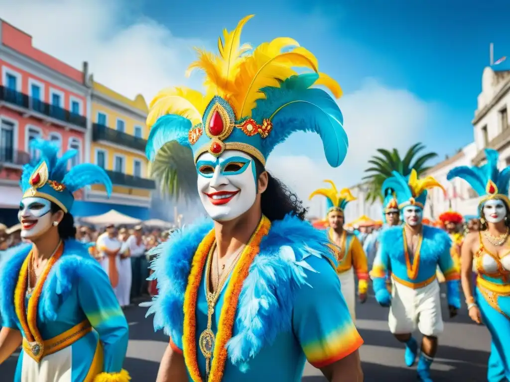 Desfile vibrante de Carnaval en Uruguay: trajes coloridos, máscaras intrincadas y música alegre llenan las calles