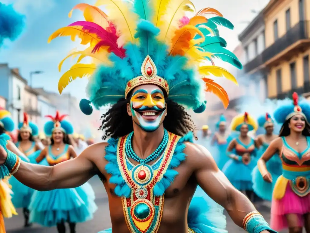 Un desfile vibrante de Carnaval en Uruguay, con trajes detallados y colores brillantes