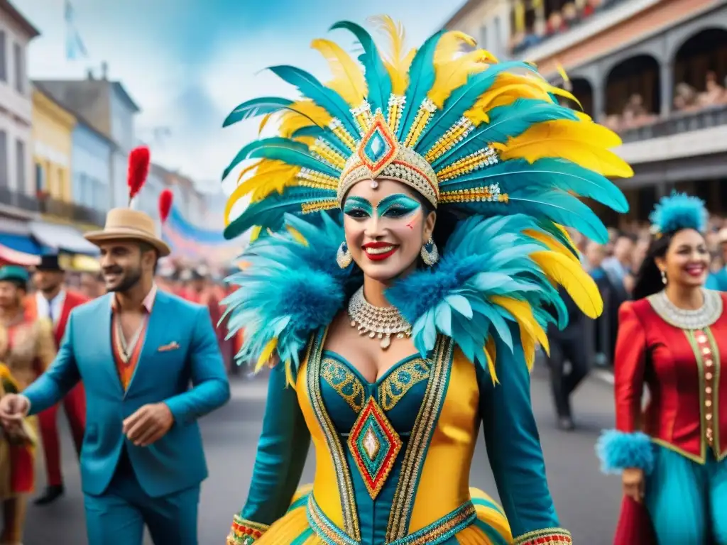 Un desfile vibrante de Carnaval en Uruguay, con trajes elaborados de materiales reciclados