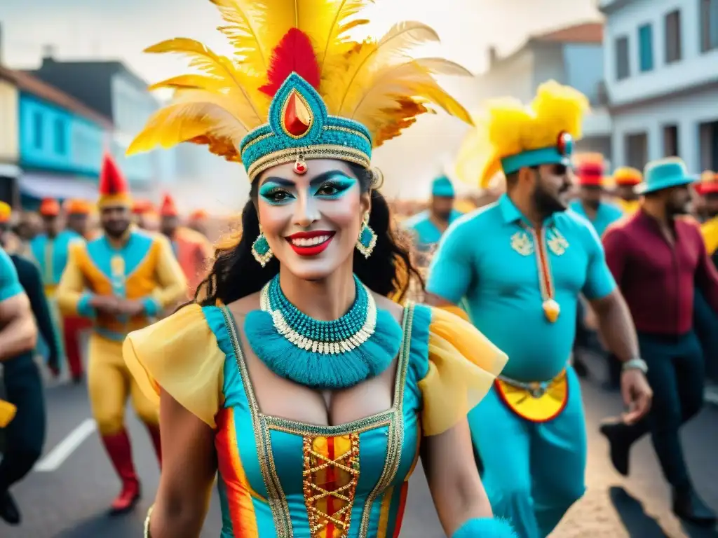 Desfile vibrante de Carnaval en Uruguay con trajes de tradiciones recicladas