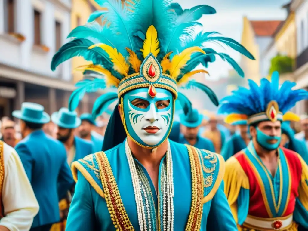 Desfile vibrante de Carnaval en Uruguay con trajes tradicionales coloridos de diferentes décadas