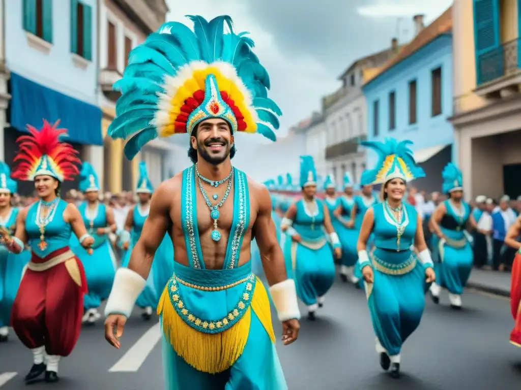 Desfile vibrante en Carnaval Uruguay: trajes coloridos, bailes alegres y música tradicional