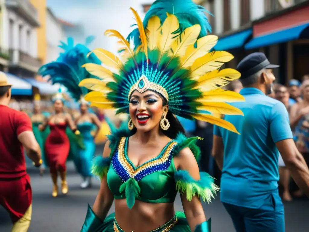 Desfile vibrante de Carnaval en Uruguay con trajes y carrozas coloridos