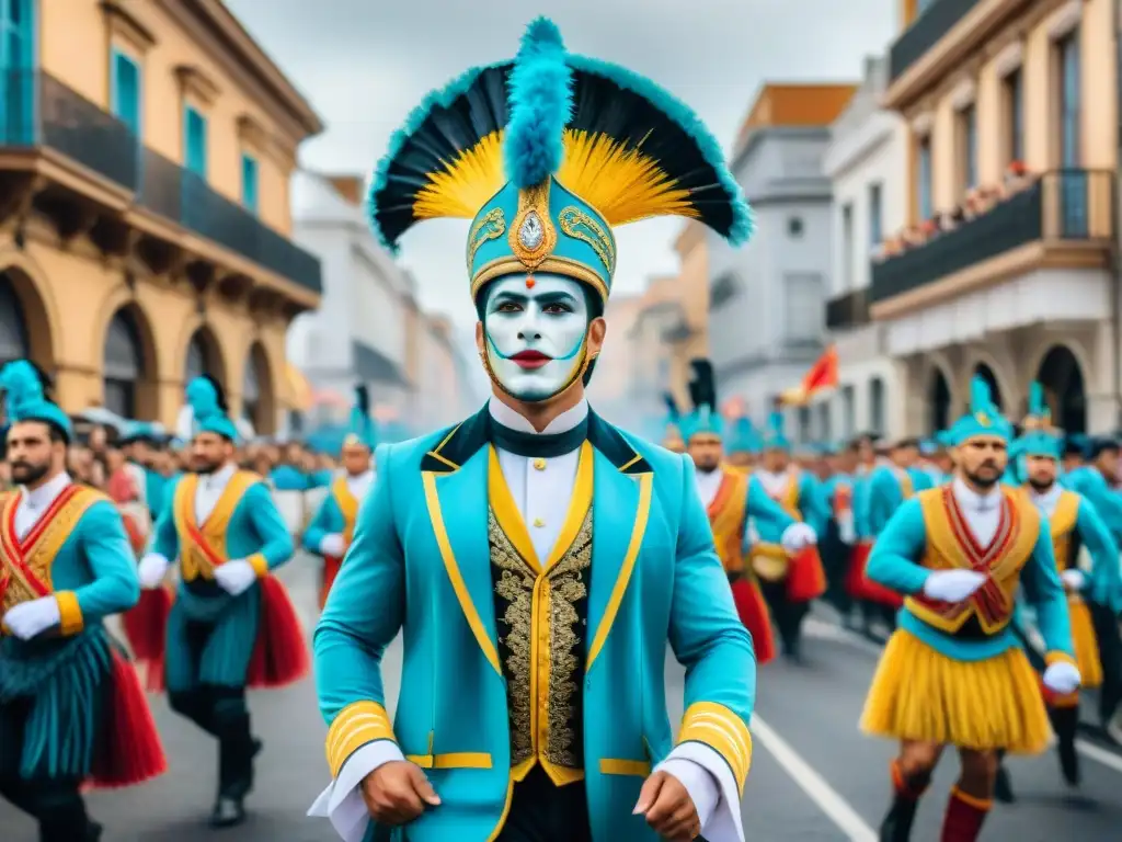 Desfile vibrante del Carnaval Uruguayo con carros alegóricos, bailarines y espectadores, energía festiva