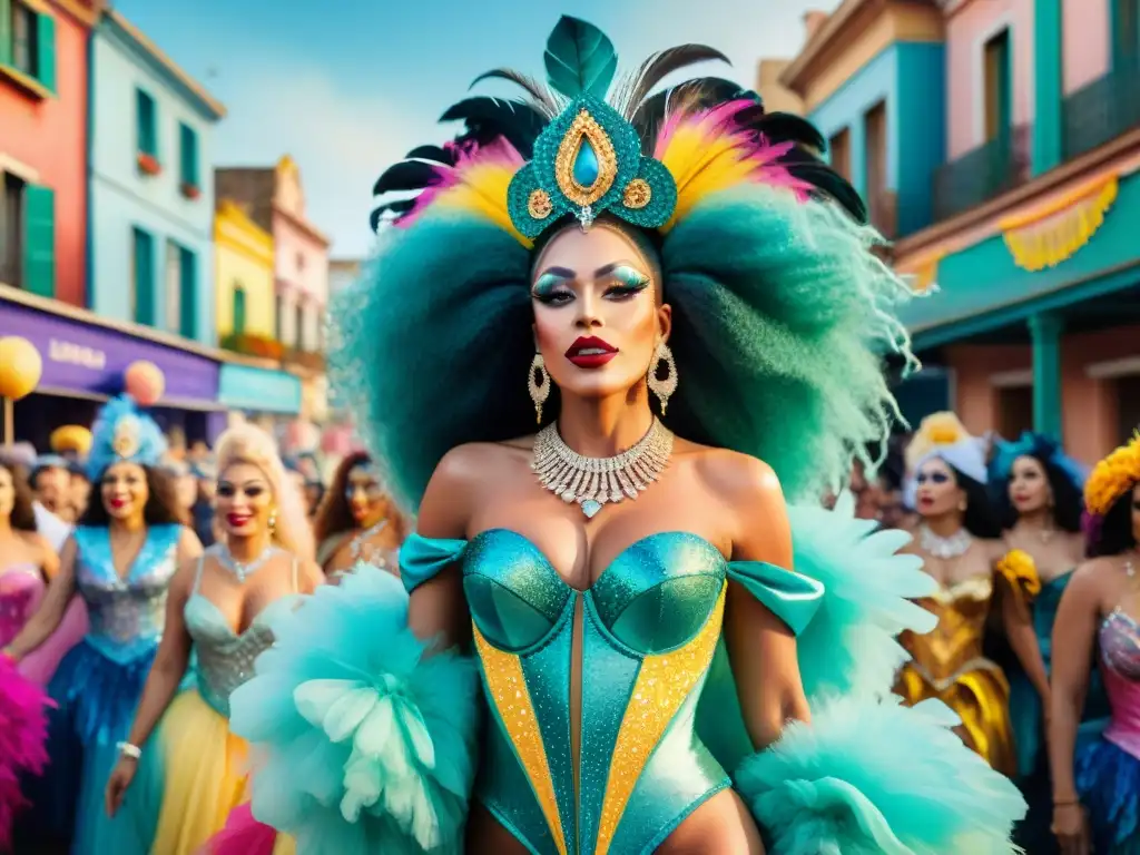 Un desfile vibrante en Carnaval Uruguayo con Drag Queens exquisitamente adornadas, confeti y espectadores emocionados