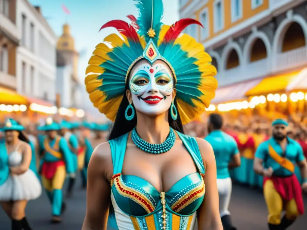 Desfile vibrante del Carnaval Uruguayo con coloridos carros alegóricos, bailarines y espectadores felices llenando las calles