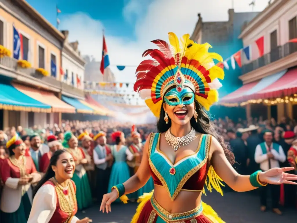 Un desfile vibrante en el Carnaval Uruguayo con coloridos bailarines y espectadores emocionados