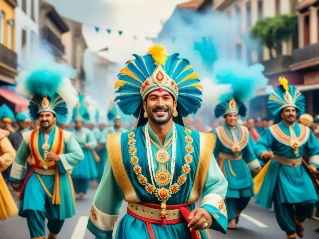 Desfile vibrante durante el Carnaval Uruguayo, con carrozas y bailarines coloridos