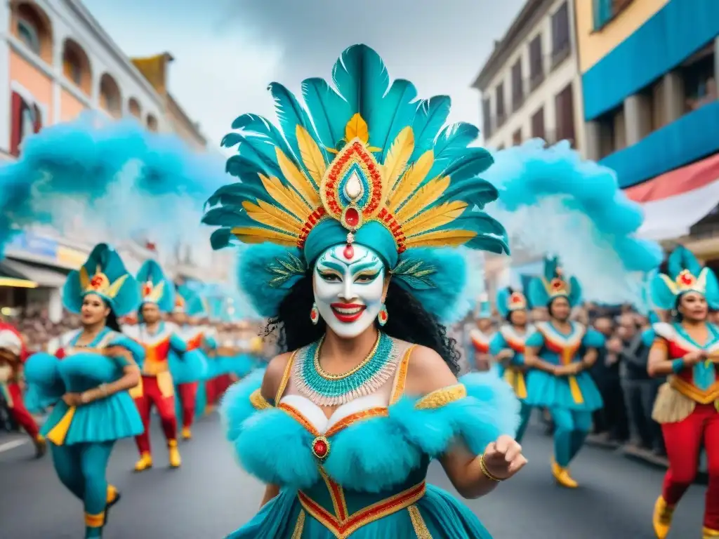 Desfile vibrante del Carnaval Uruguayo con bailarines y carrozas coloridas, reflejando la energía de esta festividad