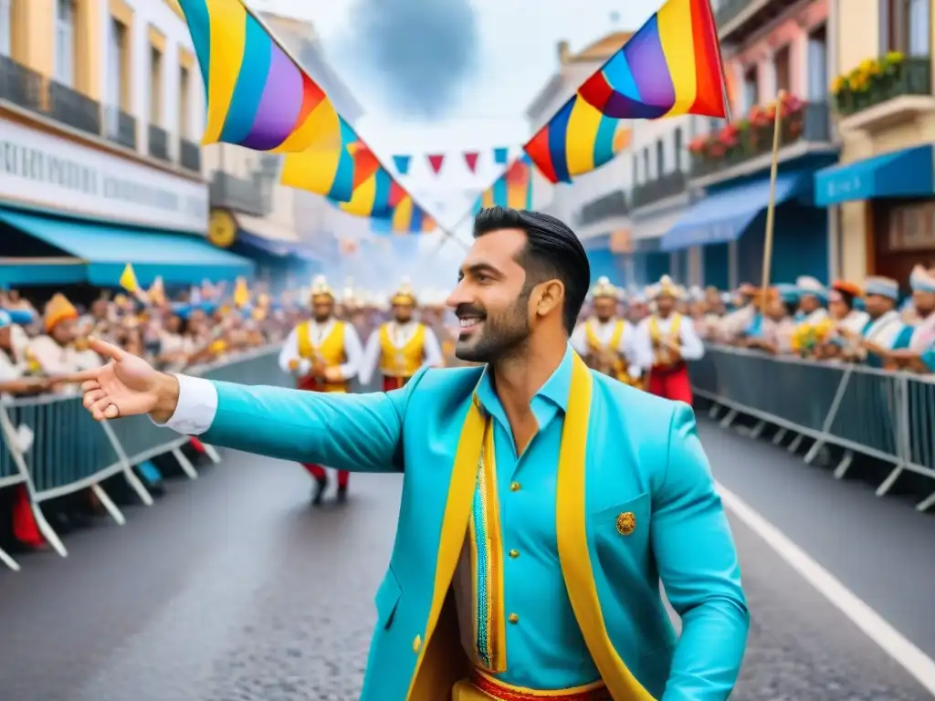 Desfile vibrante en Carnaval Uruguayo con floats coloridos y espectadores animados