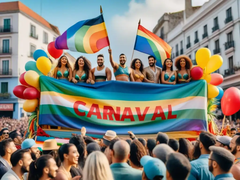 Un desfile vibrante en el Carnaval Uruguayo con agrupaciones LGBT+ celebrando la diversidad y la inclusión