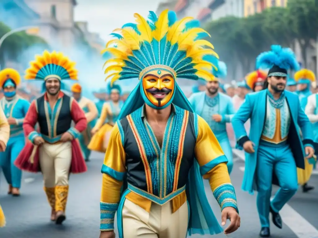 Desfile vibrante del Carnaval Uruguayo en LinkedIn, con coloridos trajes tradicionales, máscaras detalladas y música alegre