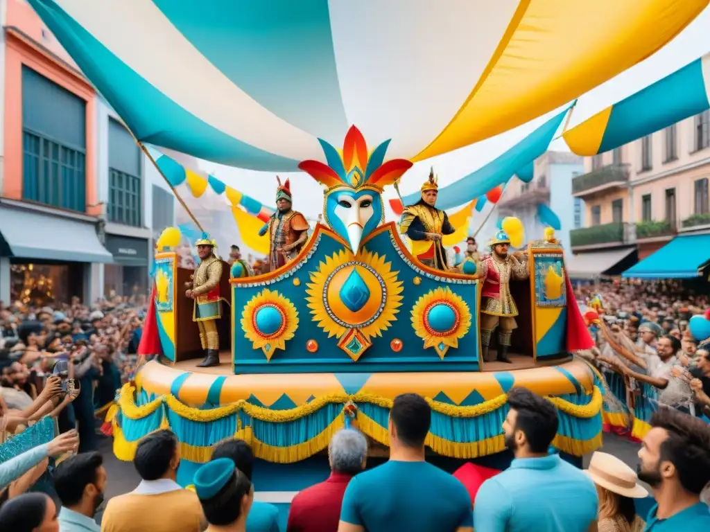 Desfile vibrante en Carnaval uruguayo con trajes tradicionales y espectadores entusiastas