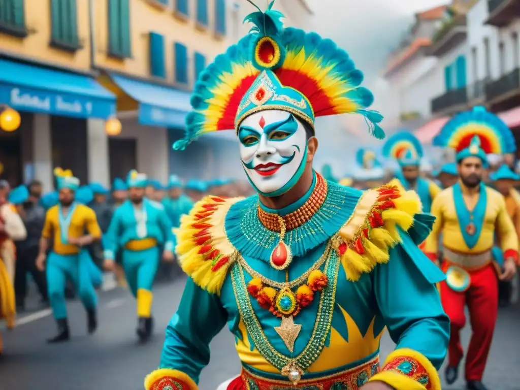 Desfile vibrante en el Carnaval Uruguayo: carros alegóricos, bailarines y multitud animada