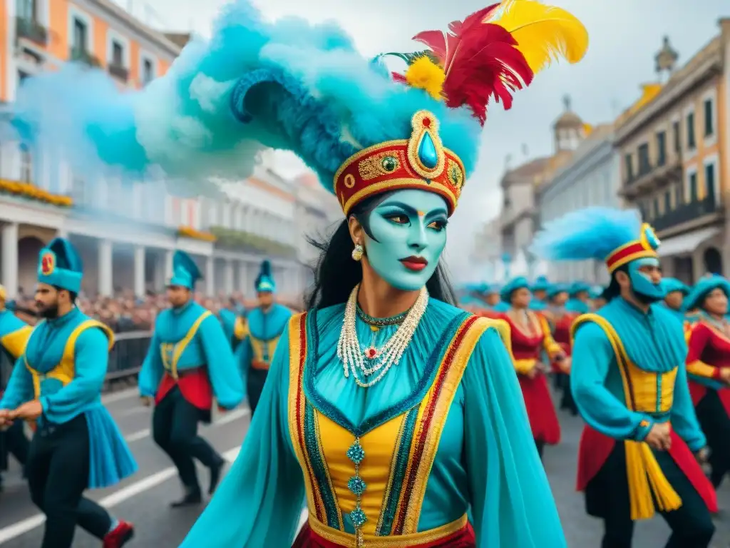 Desfile vibrante en el Carnaval Uruguayo con coloridos carros alegóricos y bailarines en trajes tradicionales