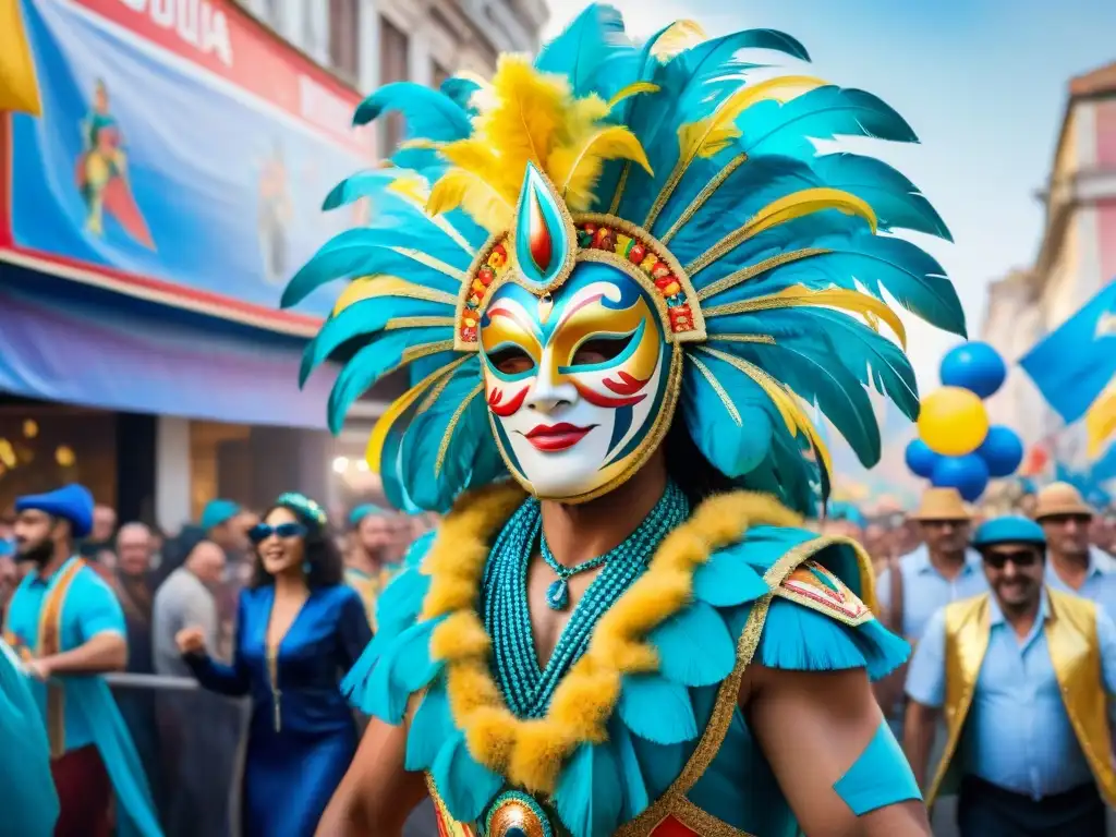 Un desfile vibrante de Carnaval Uruguayo con máscaras y trajes tradicionales, espectadores animados y un branding exitoso en Carnaval Uruguayo