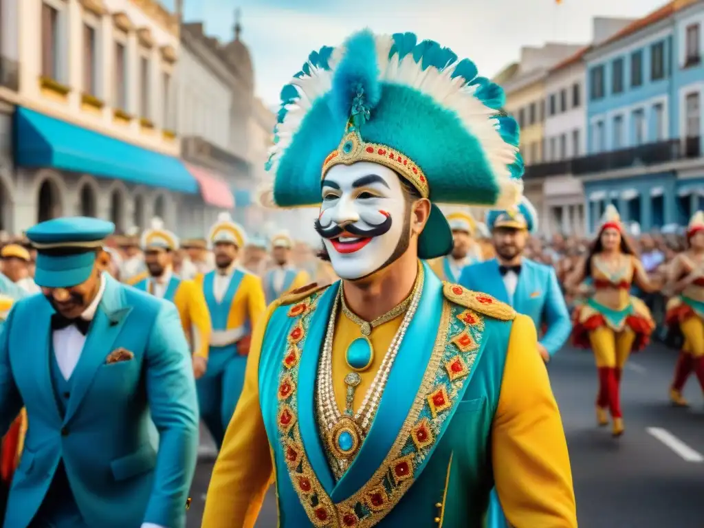 Desfile vibrante en el Carnaval Uruguayo con carrozas y trajes coloridos, música tradicional y espectadores felices