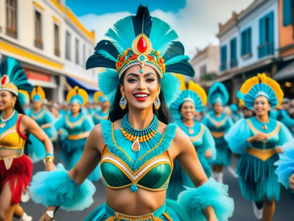 Desfile vibrante en el Carnaval Uruguayo: trajes coloridos, bailarines alegres e instrumentos tradicionales