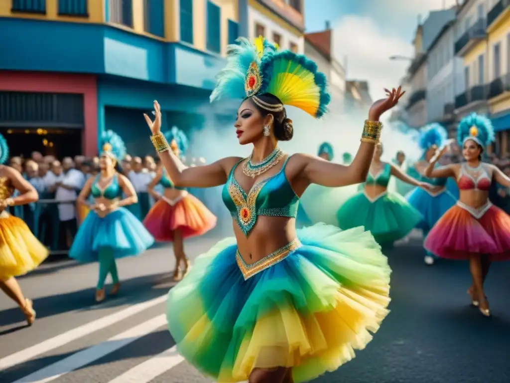 Desfile vibrante del Carnaval Uruguayo con disfraces coloridos y energía festiva