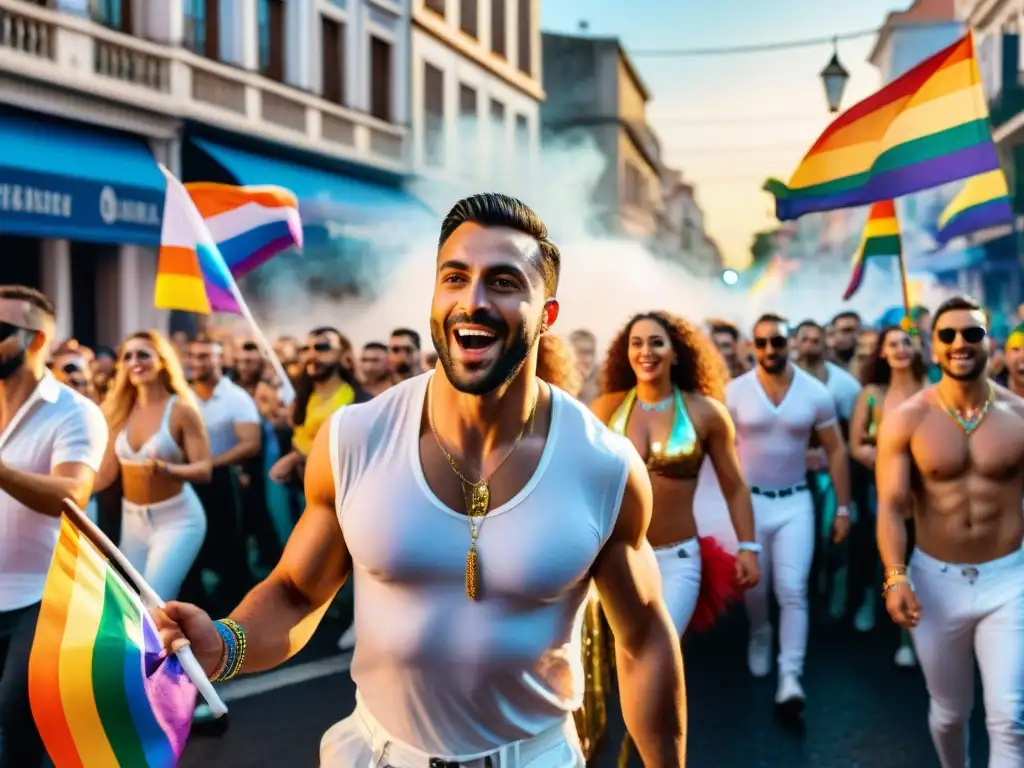 Desfile vibrante de comparsas LGBT+ en el Carnaval Uruguayo, con floats coloridos y disfraces brillantes, celebrando la diversidad y la alegría