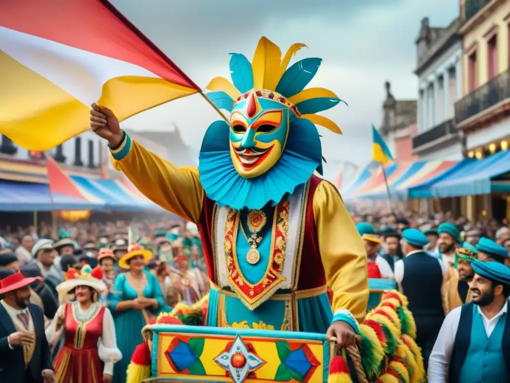 Desfile vibrante en Carnaval Uruguayo con personajes tradicionales y festiva multitud en las calles