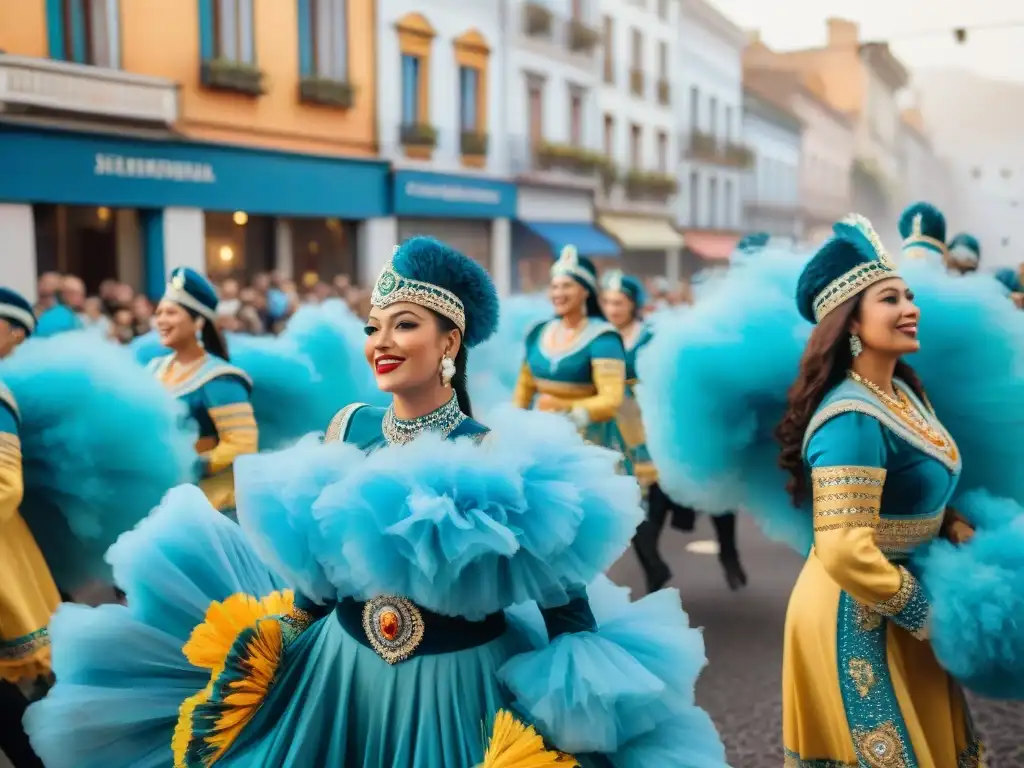 Desfile vibrante en el Carnaval Uruguayo con carros alegóricos y bailarines coloridos, celebración cultural y espíritu comunitario