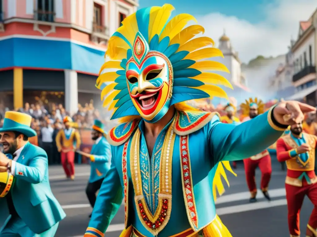 Desfile vibrante en el Carnaval Uruguayo con diseño único y trajes elaborados