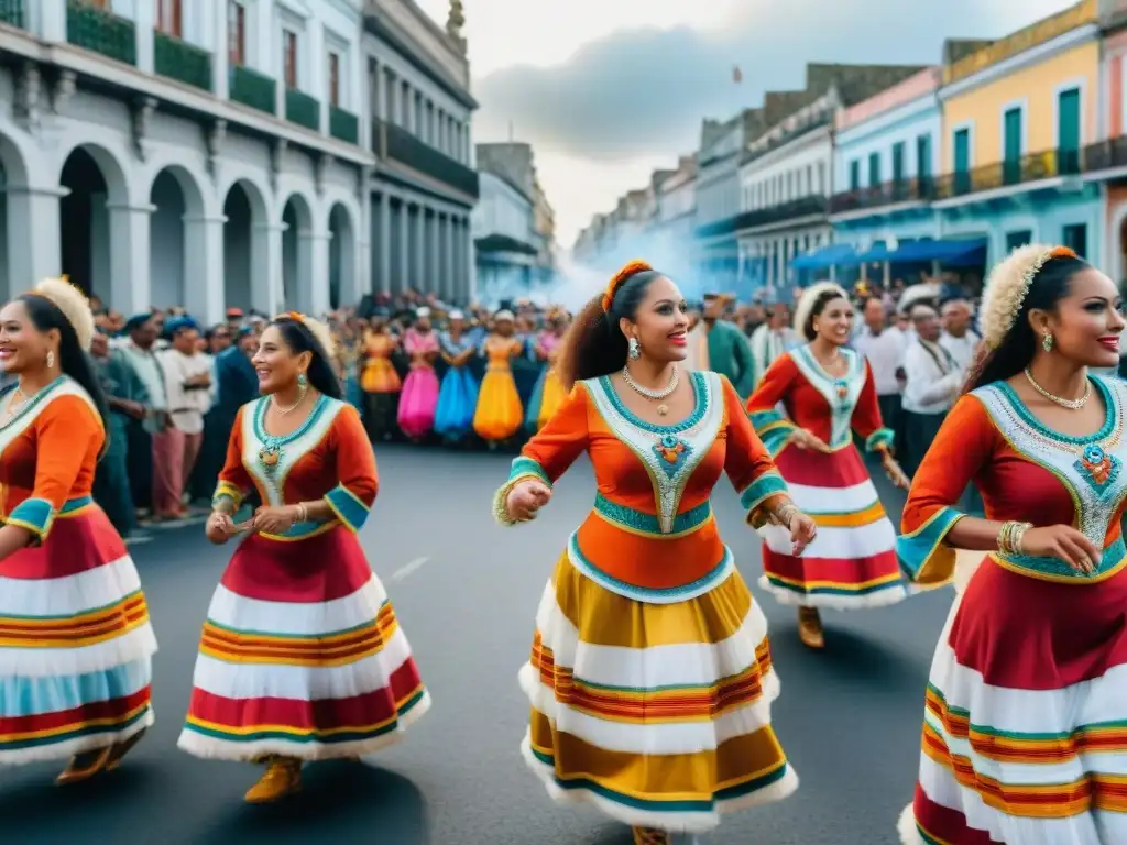 Desfile vibrante de Carnaval Uruguayo festividades principales, con bailarines y tambores en las calles históricas