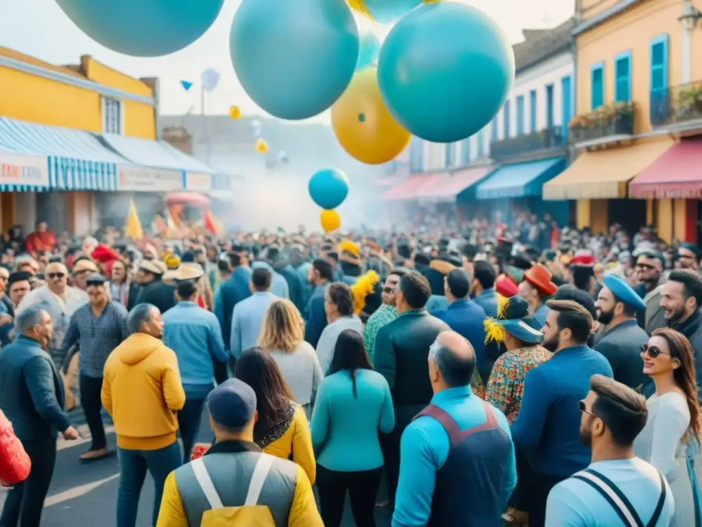 Desfile vibrante en Carnaval Uruguayo con parodistas coloridos y espectadores alegres