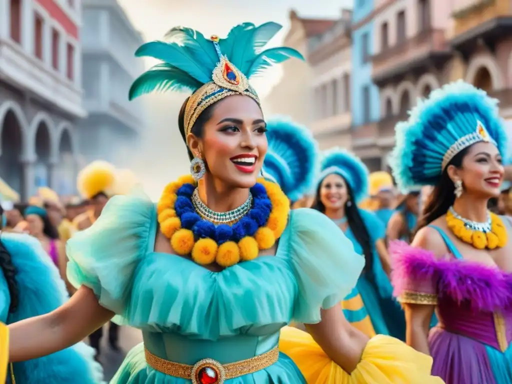 Un desfile vibrante en el Carnaval uruguayo con mujeres en parodistas uruguayos celebrando la diversidad y la alegría