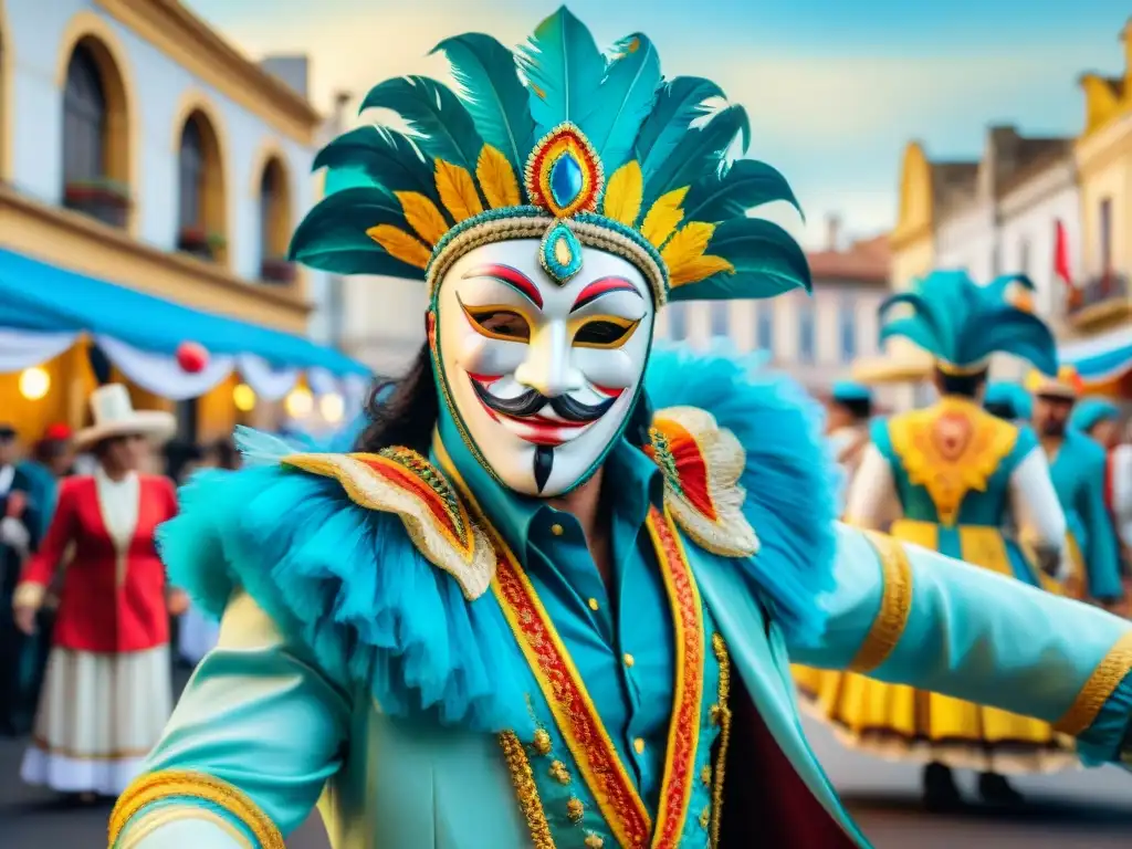 Un desfile vibrante de Carnaval Uruguayo con trajes y máscaras tradicionales, junto a revistas innovadoras