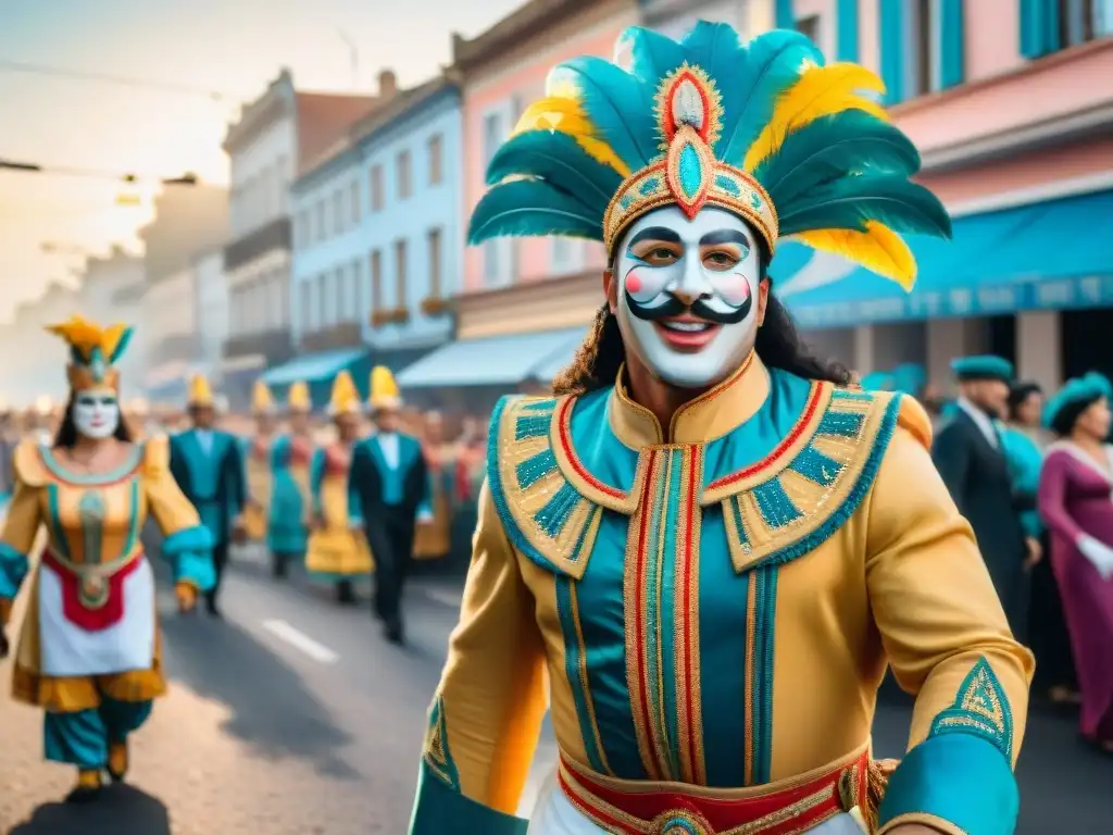 Desfile vibrante del Carnaval Uruguayo Internacional con coloridos trajes y espectadores emocionados en las calles