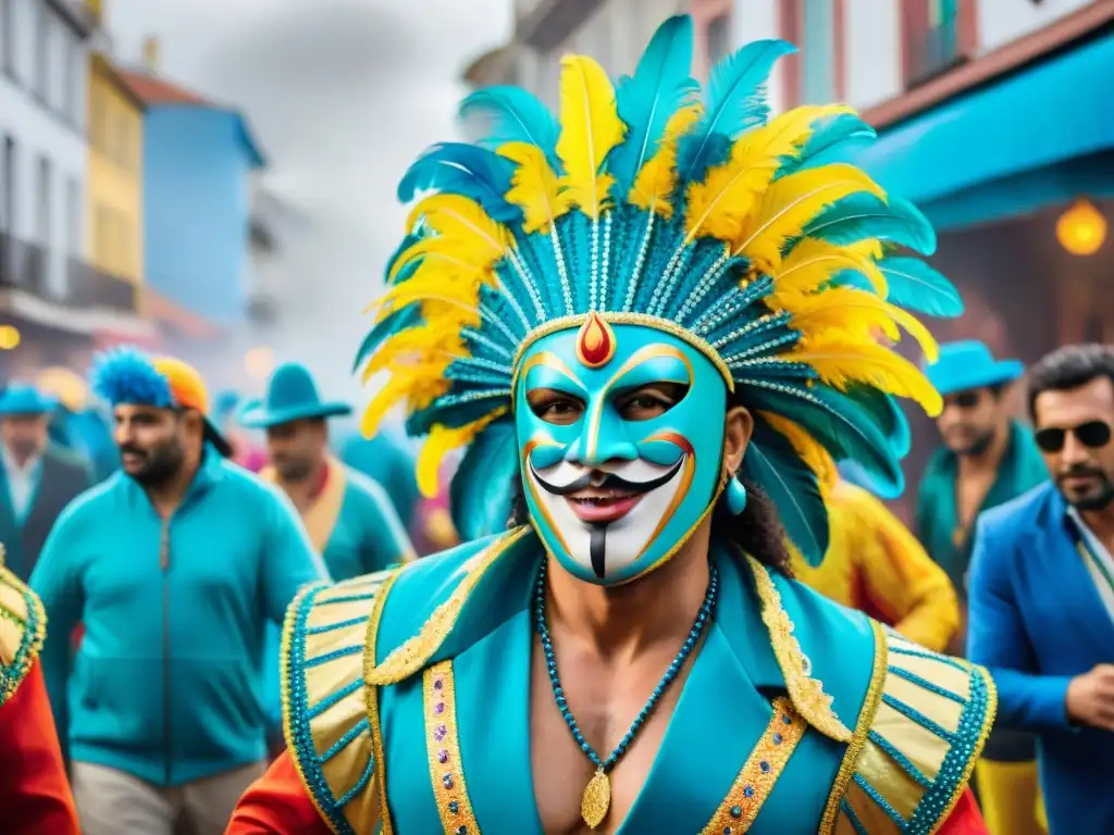 Desfile vibrante del Carnaval Uruguayo, con coloridos trajes y máscaras