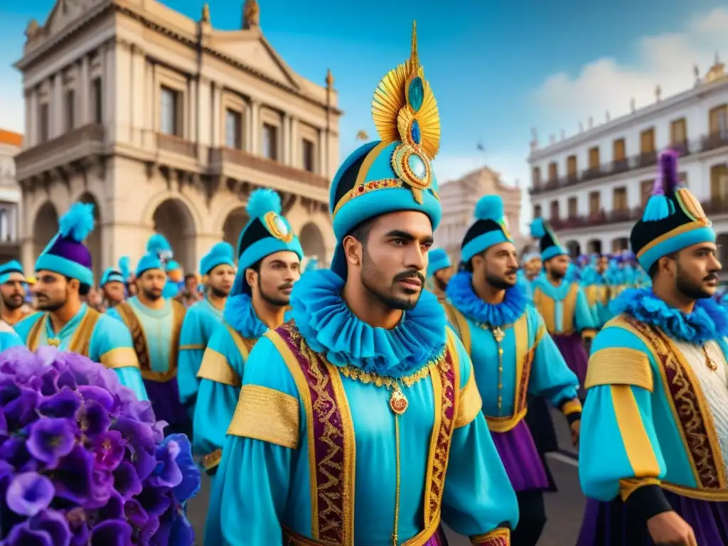 Desfile vibrante en el Carnaval uruguayo con carros alegóricos y danzantes en trajes festivos