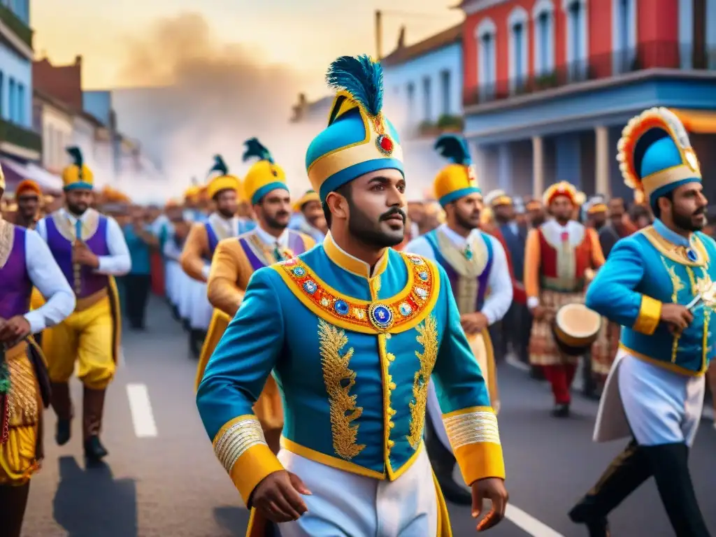 Desfile vibrante de Carnaval Uruguayo con bandas y floats coloridos, impacto económico bandas Carnaval Uruguay