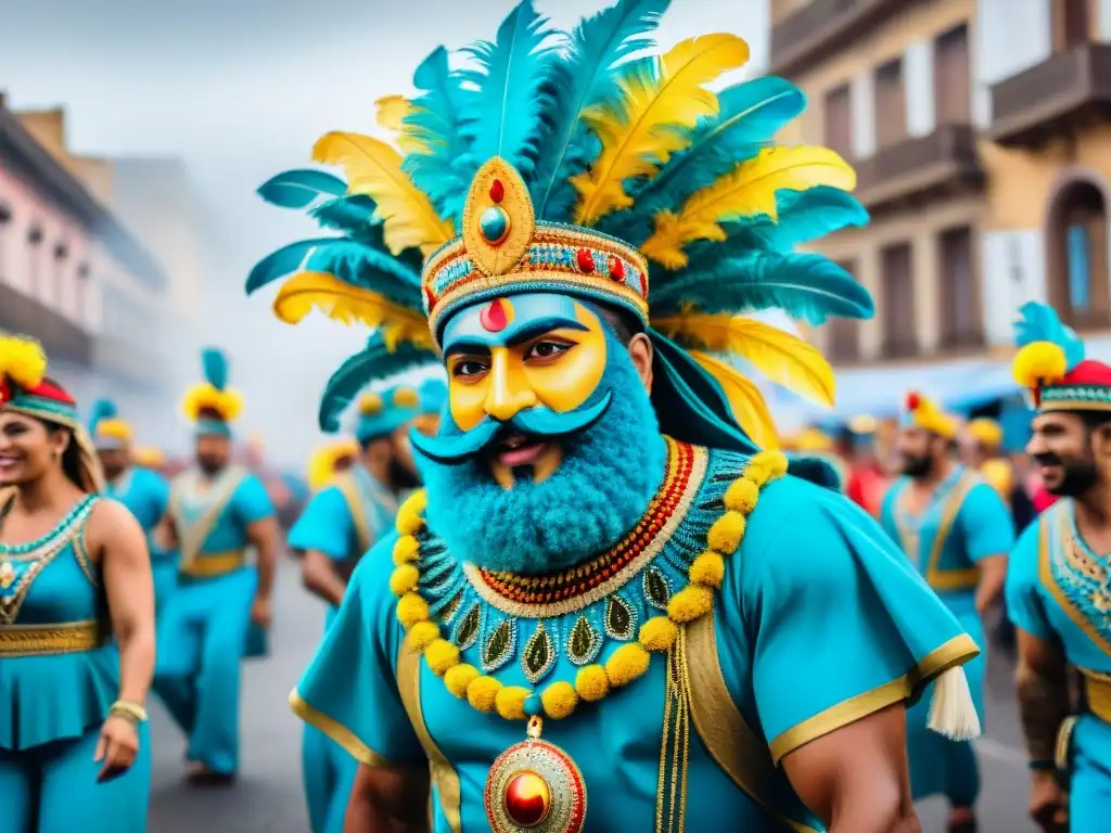 Desfile vibrante en Carnaval Uruguayo con diseño de carros alegóricos, bailarines y arquitectura tradicional