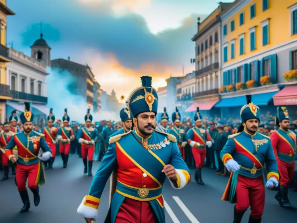 Carnaval Uruguayo: Desfile vibrante y colorido Desfile vibrante del Carnaval Uruguayo con carrozas y danzarines, preservación archivos Carnaval Uruguay