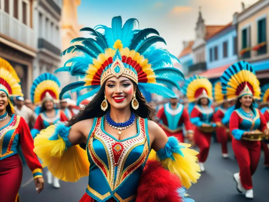 Desfile vibrante en Carnaval Uruguayo, conservación trajes