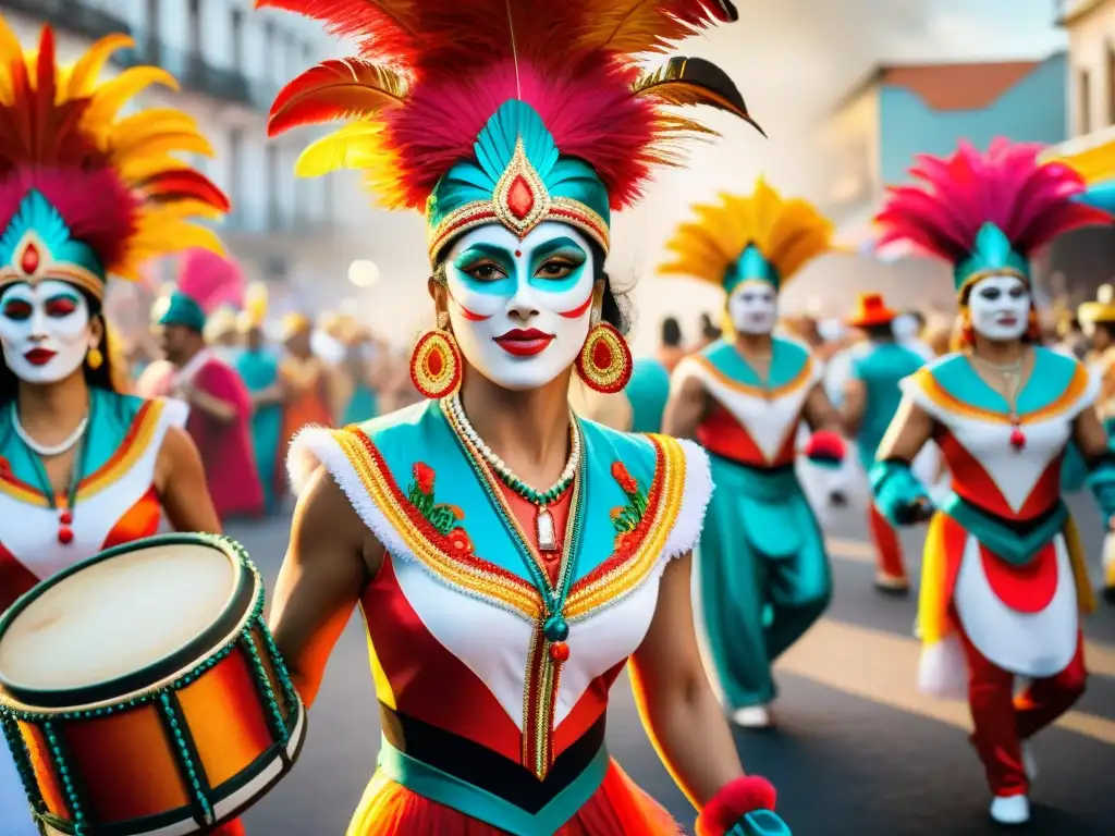 Desfile vibrante en el Carnaval Uruguayo con tecnología y coloridos trajes