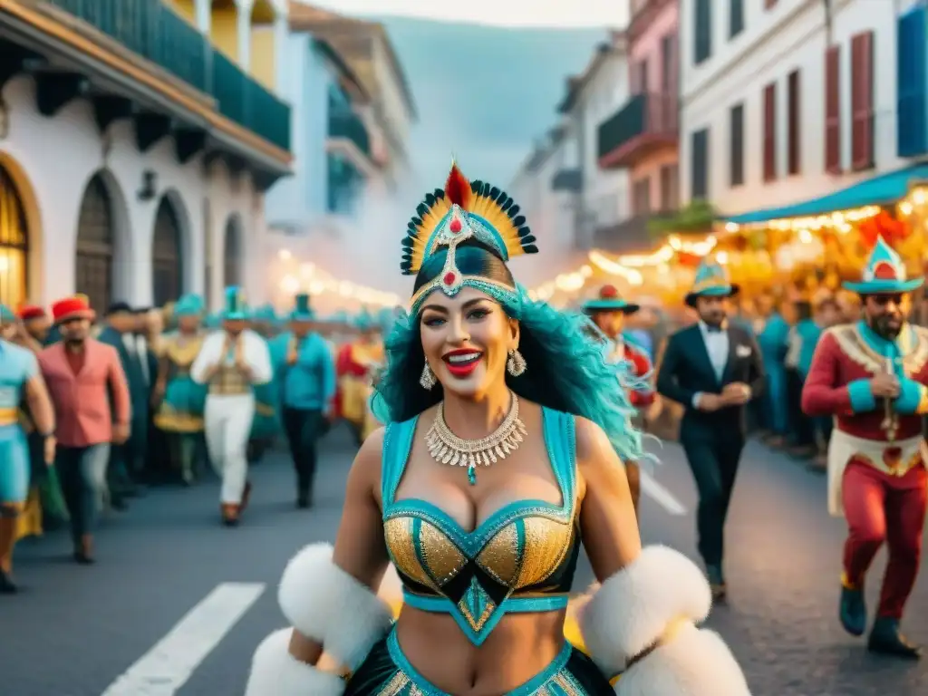 Desfile vibrante del Carnaval Uruguayo: Coloridos carros alegóricos, bailarines y espectadores animados celebrando en las calles