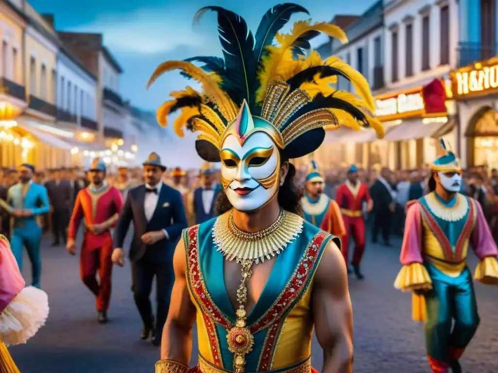 Un desfile vibrante en el Carnaval Uruguayo: carrozas coloridas, artistas enmascarados y espectadores emocionados bajo la luz del atardecer