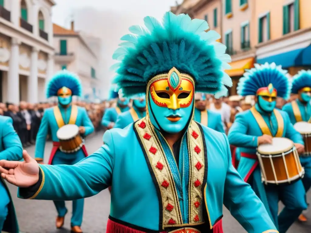 Desfile vibrante del Carnaval Uruguayo con máscaras coloridas, trajes intrincados y tambores, riqueza cultural Carnaval Uruguayo