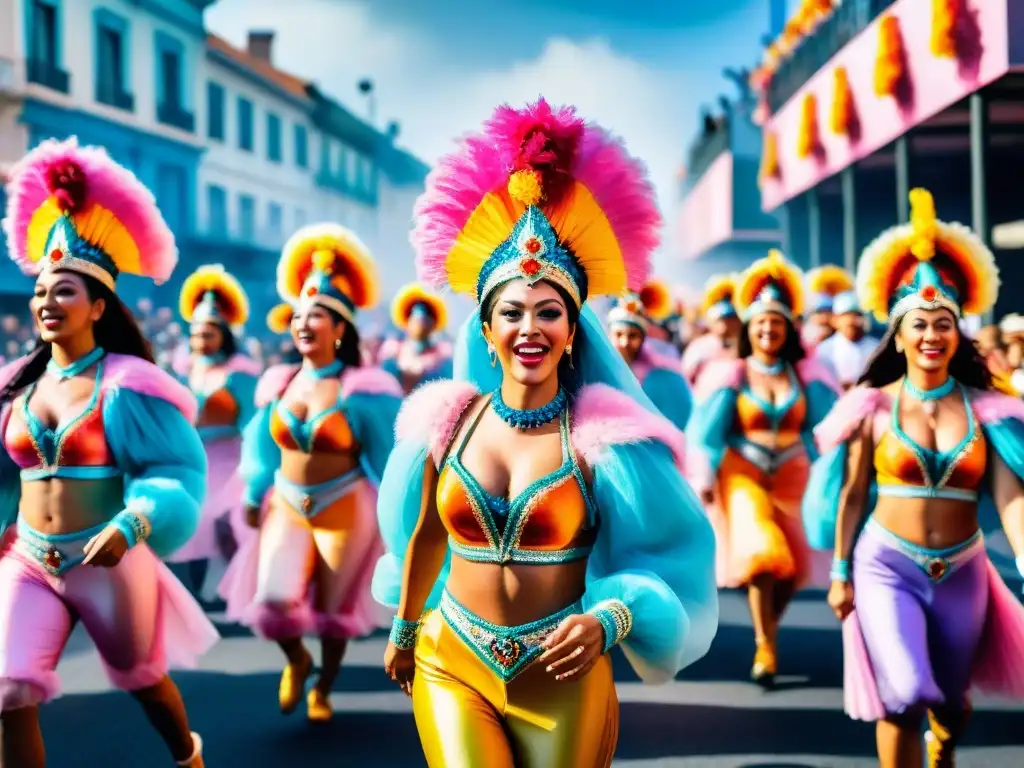 Desfile vibrante durante el Carnaval Uruguayo con carrozas coloridas, bailarines y espectadores emocionados