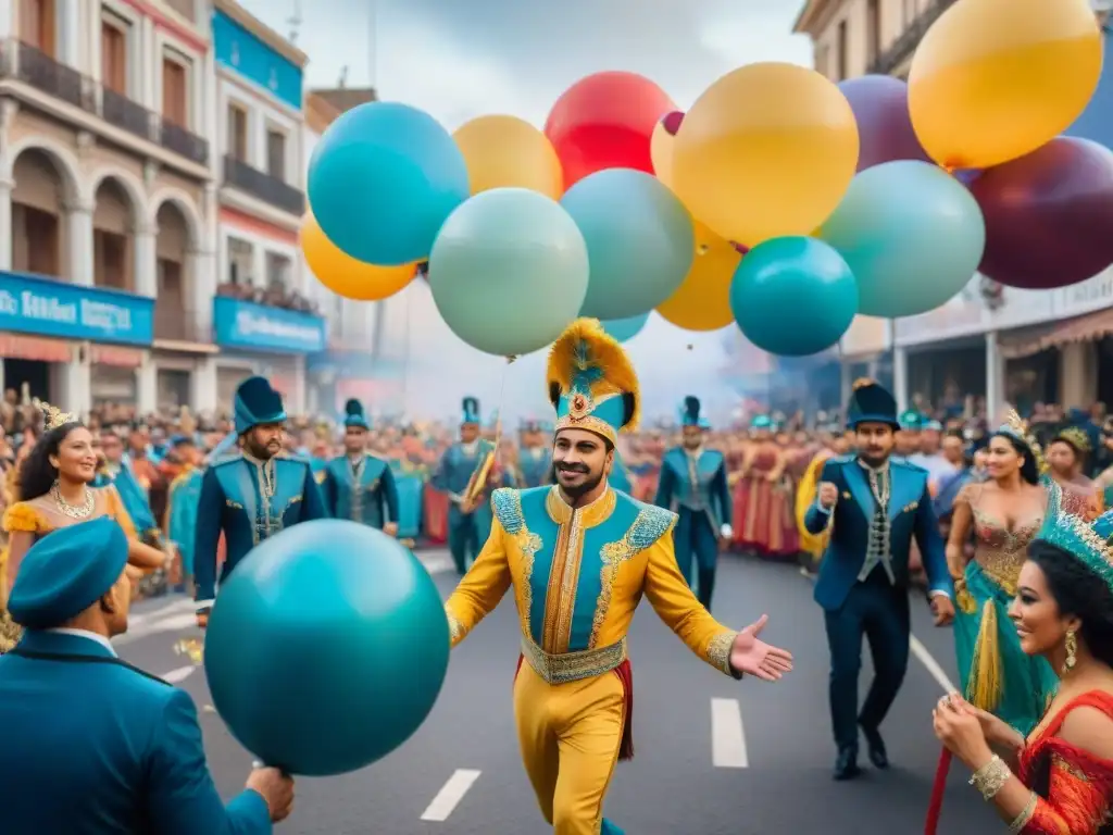 Un desfile vibrante durante el Carnaval Uruguayo, con bailarines y espectadores animados, inspirando merchandising