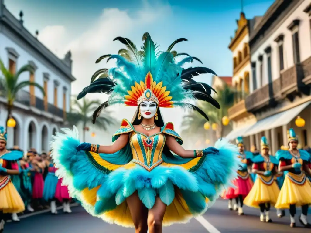 Desfile vibrante del Carnaval Uruguayo: flotante con plumas coloridas, máscaras intrincadas y bailarines en trajes tradicionales