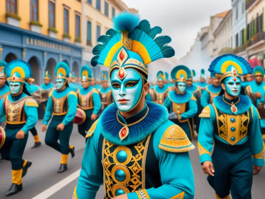 Desfile vibrante en Carnaval Uruguayo con trajes coloridos y música tradicional, Merchandising oficial Carnaval Uruguayo