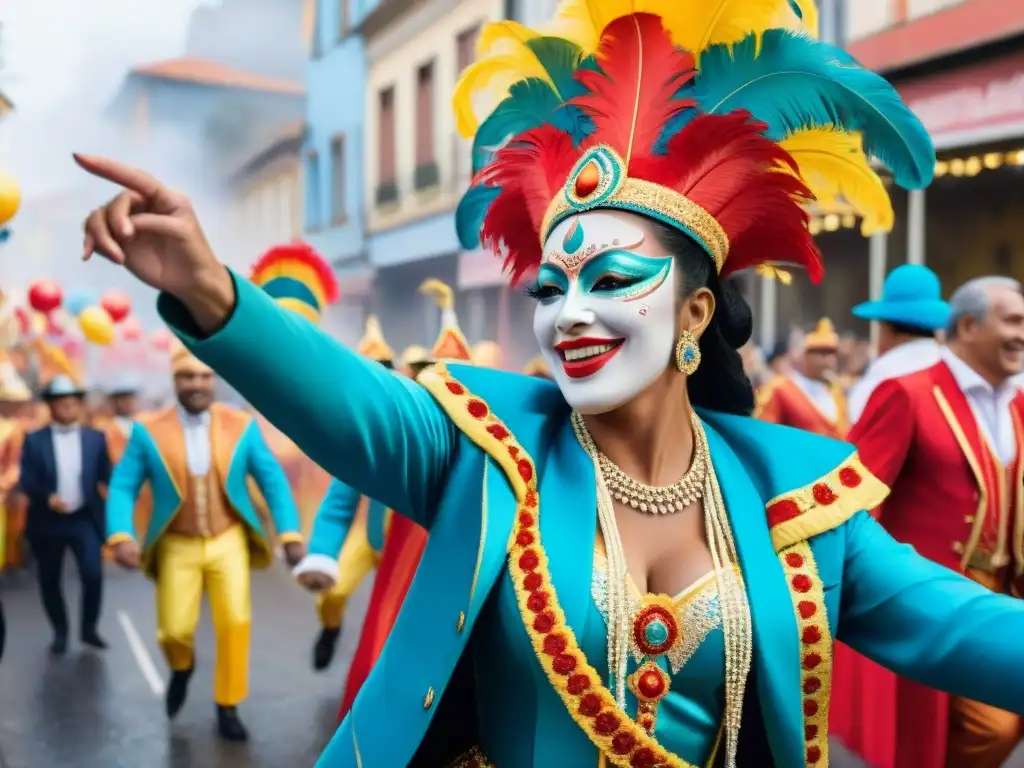 Desfile vibrante del Carnaval Uruguayo con música tradicional, confeti y merchandising oficial