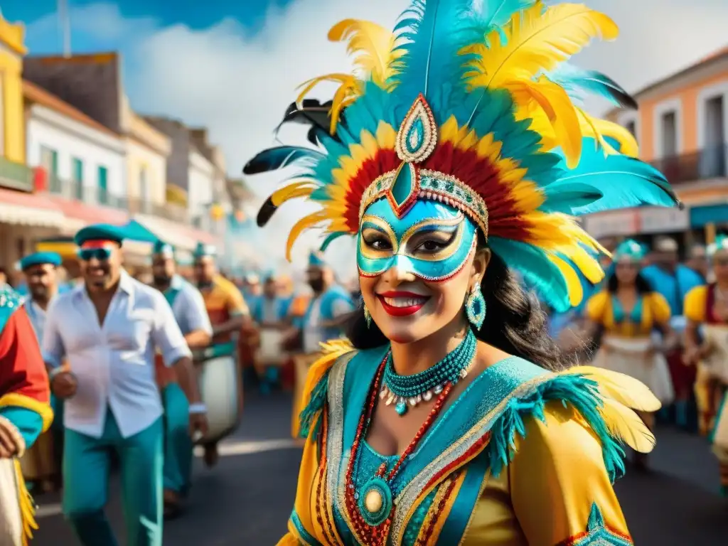 Desfile vibrante en el Carnaval Uruguayo con trajes tradicionales y plumas coloridas